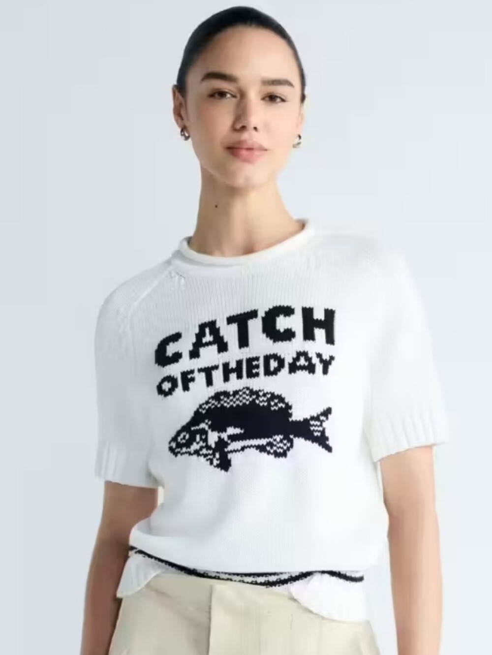 NWT Free Assembly Catch of the Day Fish White Knit Short-Sleeve Sweater M